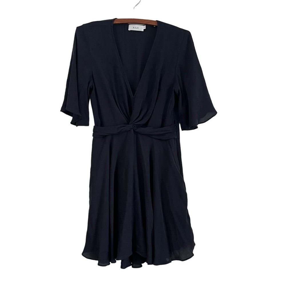 A.L.C. Black Silk Twist Front Vneck Dress Flowy Womens Size 4